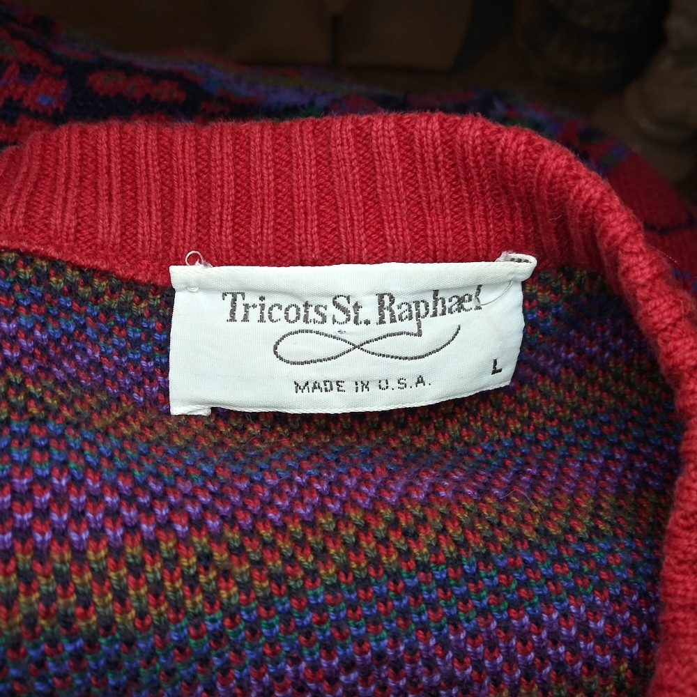 Vintage 80's Men's Grandpa Style Red & Purple Multicolored Paisley Sweater - Picture 7 of 10